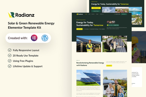 Radianz – Solar & Green Renewable Energy Elementor Template Kit – 0 Sold!