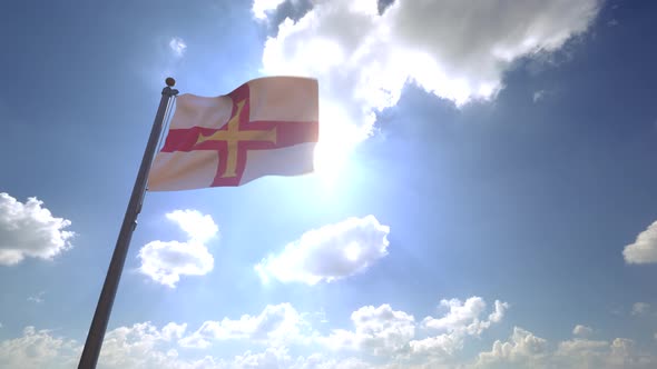 Guernsey City Flag (UK) on a Flagpole V4 - 4K