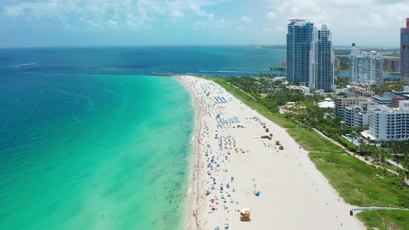 Top View Crowded Tropical Atlantic Ocean Beach Showing Colorful Beach Umbrellas