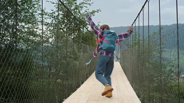 Excited Hitchhiker Walking Mountains Nature