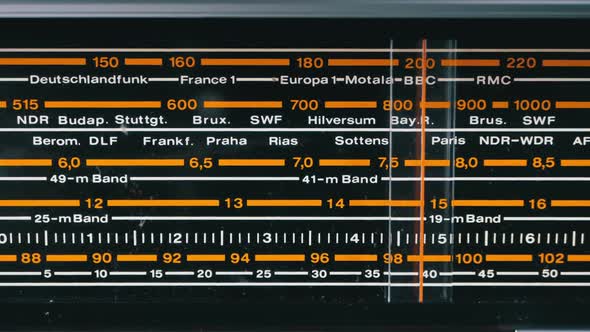 Tuning Analog Scale of the Retro Radio with the Names of Cities, Radio Stations and Frequency