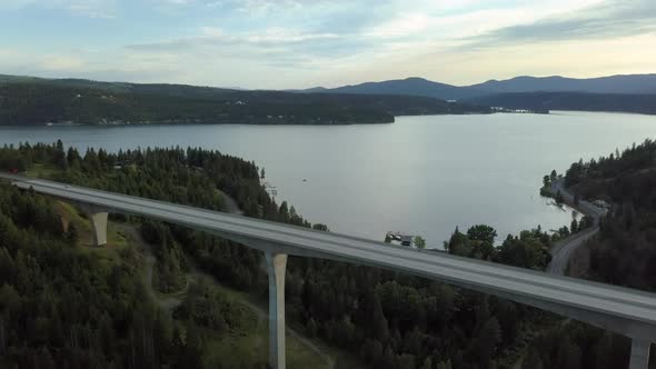 Fly Over of Veteran's Memorial Bridge Lake Coeur D' Alene, Idaho