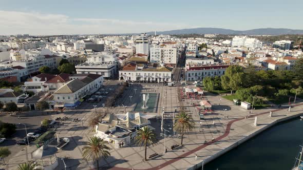 Aerial view famous riverfront square at Portimão Downtown, Manuel Teixeira Gomes Square