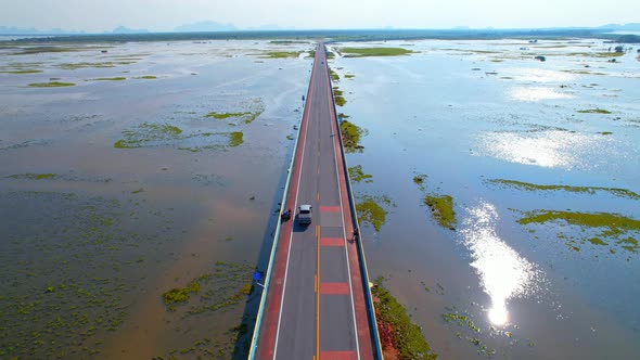 Drone video of the road leads through a large beautiful wetland.