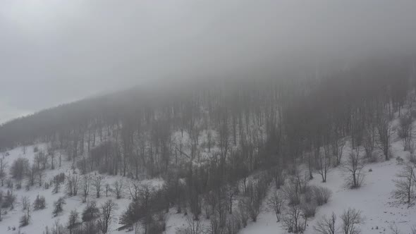 Ascending through the fog on top of the mountain 4K aerial footage