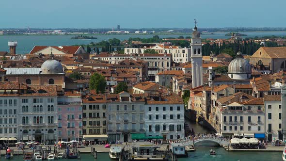 Antique Architecture of Venice, View of Buildings and Tourists Walking on Bridge