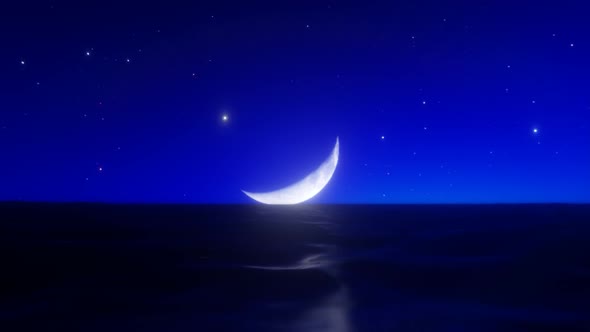 Night Sea With Crescent Moon