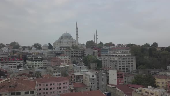 Aerial footage of Suleymaniye Mosque from a foggy day