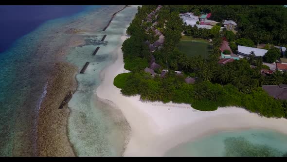 Aerial above scenery of marine seashore beach wildlife by blue ocean and white sandy background of a