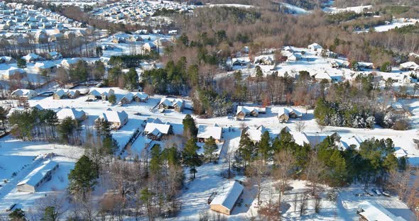 Blizzard Covers Roofs and Asphalt Roads Leading Through Tranquil Suburbs the Snow Covered Streets