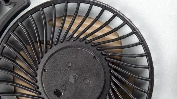 Black computer fan with plastic blades starts spinning