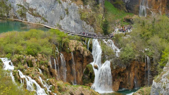 Plitvice National Park Cascades Flow Down From Lower Lake Kozjak to Smaller Lake