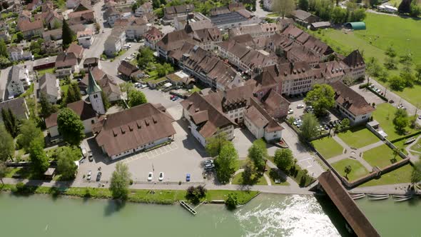 Wangen on the Aare Swiss city in the canton of Bern with a historic wooden bridge over the river Aar