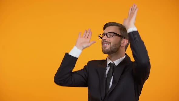 Self-Confident Business Man Dancing, Celebrating Promotion, Career Growth