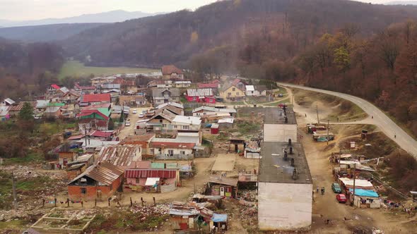 Aerial view of a Roma settlement in the village of Jasov in Slovakia