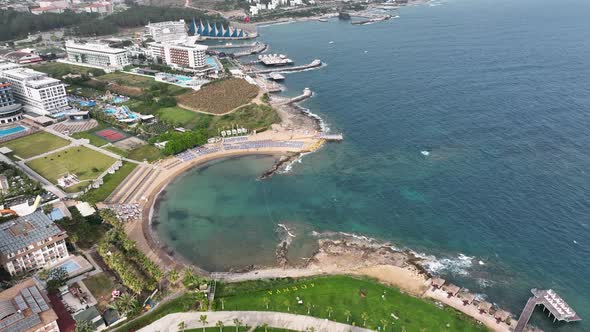 Beach Infrastructure of hotels aerıal vıew Turkey Alanya 4K