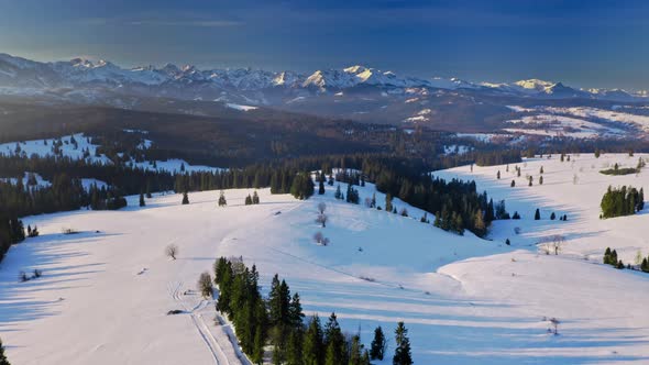 Aerial view of Tatra mountains at winter, aerial view