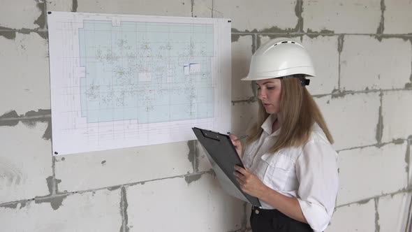 Girl engineer builder checks design drawings at a construction site. alt