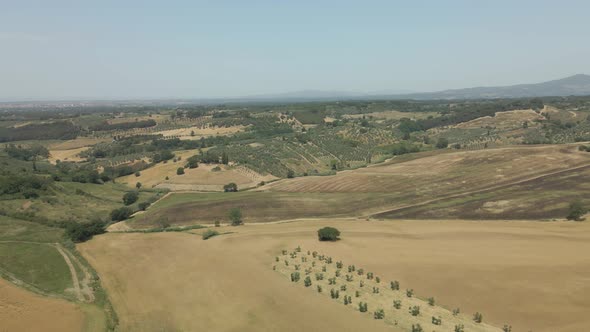 Aerial images of Tuscany in Italy cultivated fields summer,  Drone aerial images of crop areas