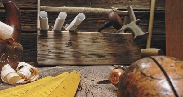 Vintage carpentry tools. with chisels, planes and tampers.