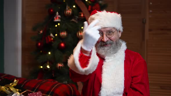 Portrait of Santa Claus Looking at the Camera Waves Hello and Makes Gesture Come Here