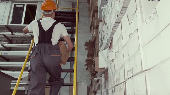 The Warehouse Worker Is Going Up a Ladder with a Box