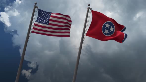 Waving Flags Of The United States And The Tennessee State 4K