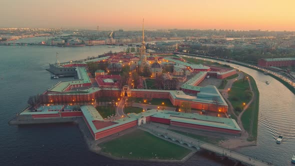 Drone Flies Up to the Peter and Paul Cathedral and Fortress at Evening the Sights of St