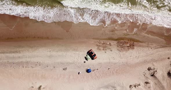 Top Down View of Waves Breaking in the Sand, Solo Camping on Tropical Sandy Beach and Waves