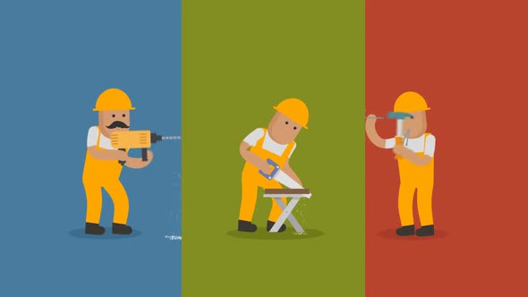 Various Cartoon workers in orange uniforms doing different DIY Chores.