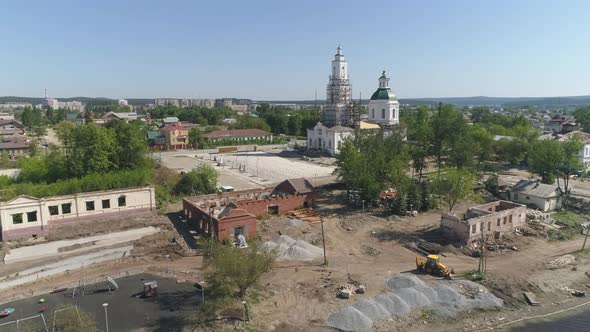 Aerial view of reconstruction of the area next to the church and pond 24
