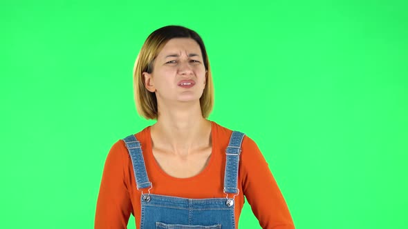 Cute Female Feels Very Bad, Her Stomach Hurts . Green Screen