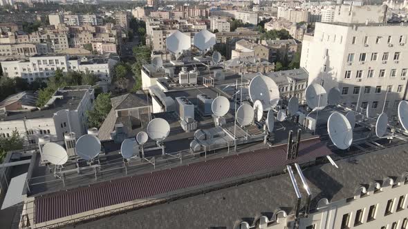 TV Antennas on the Roof of the Building. Aerial. Kyiv, Ukraine, Flat, Gray