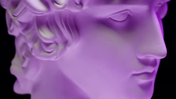 Plaster Head Sculpture Apollonian in Purple Neon Light Closeup