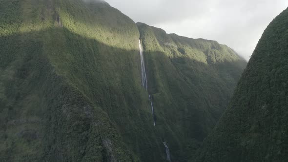 Aerial view of a waterfall (La Cascade Blanche), Saint Benoit, Reunion.