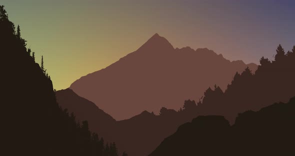Animation of mountains and tress during sunset