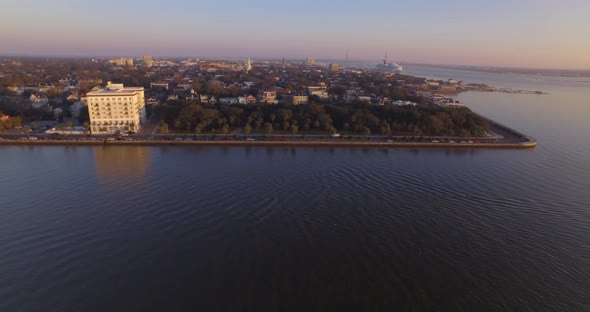 Aerial View of the Charleston Battery and Downtown at Sunrise along East Bay Street