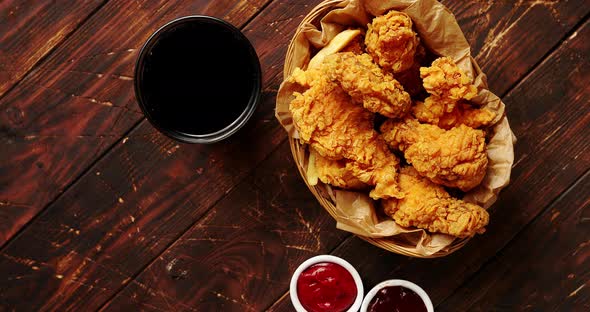 Sauces and Chicken Wings on Table