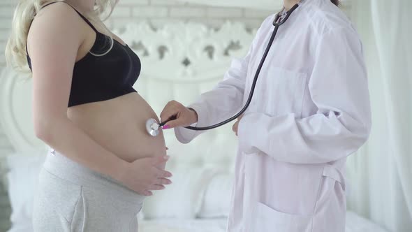 Side View of Unrecognizable Family Doctor or Gynecologist Examining Young Pregnant Woman. Home