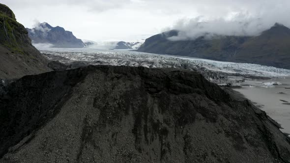 Revealed Glacier Ice In Skaftafell Mountains In Southern Iceland. Aerial Drone