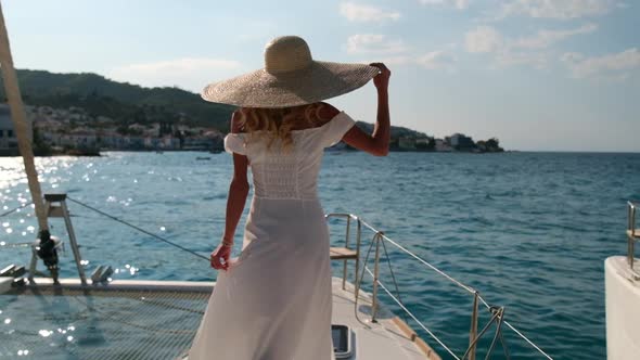 Beautiful Woman on a Yacht Enjoys the Journey Spetses Greece Europe