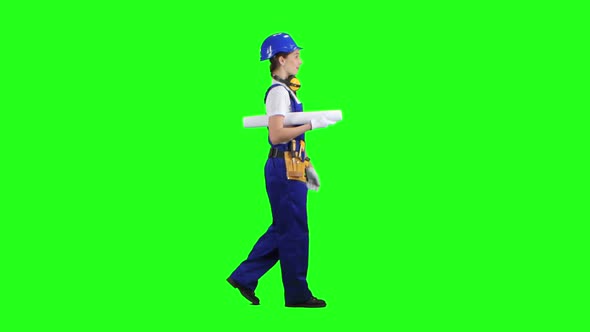 Designer of the Construction Site Carries a Drawing, Green Screen