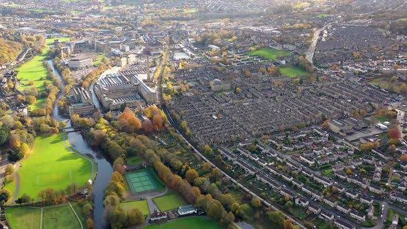 Aerial footage taken in the small town of Shipley in the City of Bradford, West Yorkshire in the UK