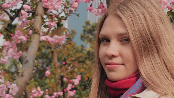 Close-up Shot of Attractive Girl with Pink Blossoms on the Background, Woman Enjoys Smell of