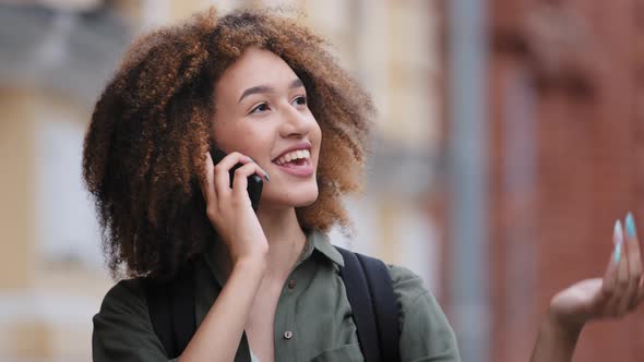 African Ethnicity Young Woman Standing Outdoor Enjoy Pleasant Conversation on Phone