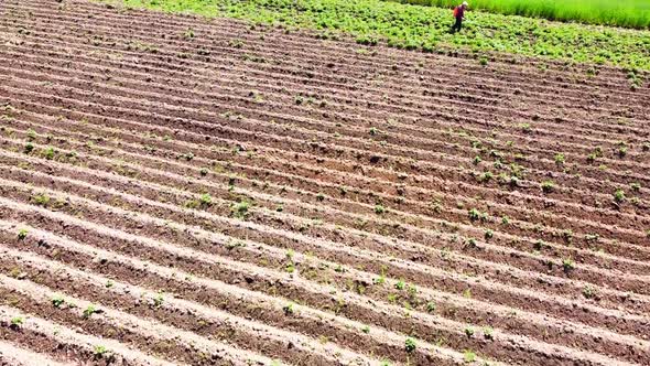 Aerial drone view of a flying over the rural agricultural landscape.