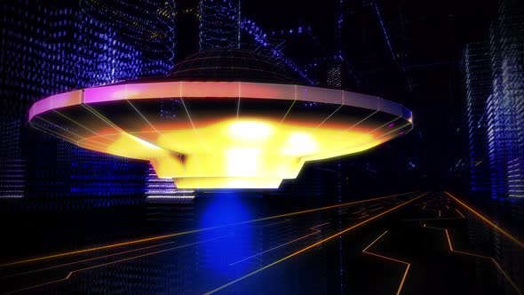 UFO From the Future is Quickly Gliding Through the Digital City in Virtual World alt