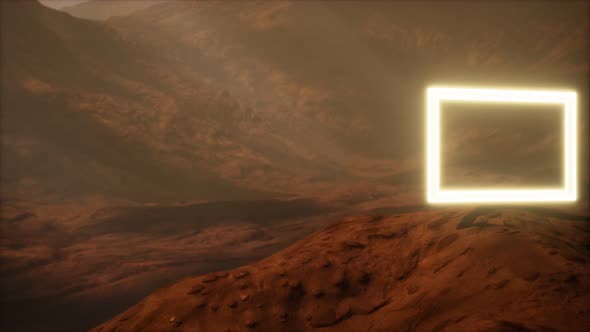 Neon Portal on Mars Planet Surface With Dust Blowing alt
