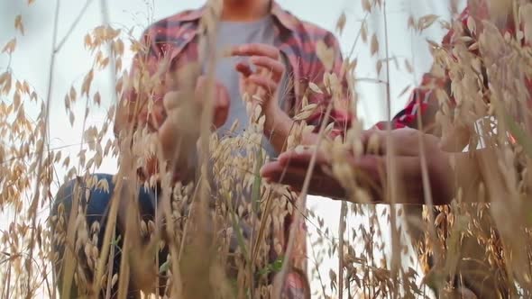 Father and Son Sitting down among Crops