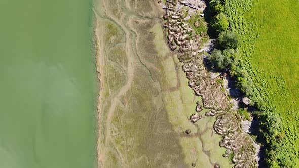 Aerial Drone footage of Afon Dwyryd estuary North Wales. Amazing travel destination with turquoise w